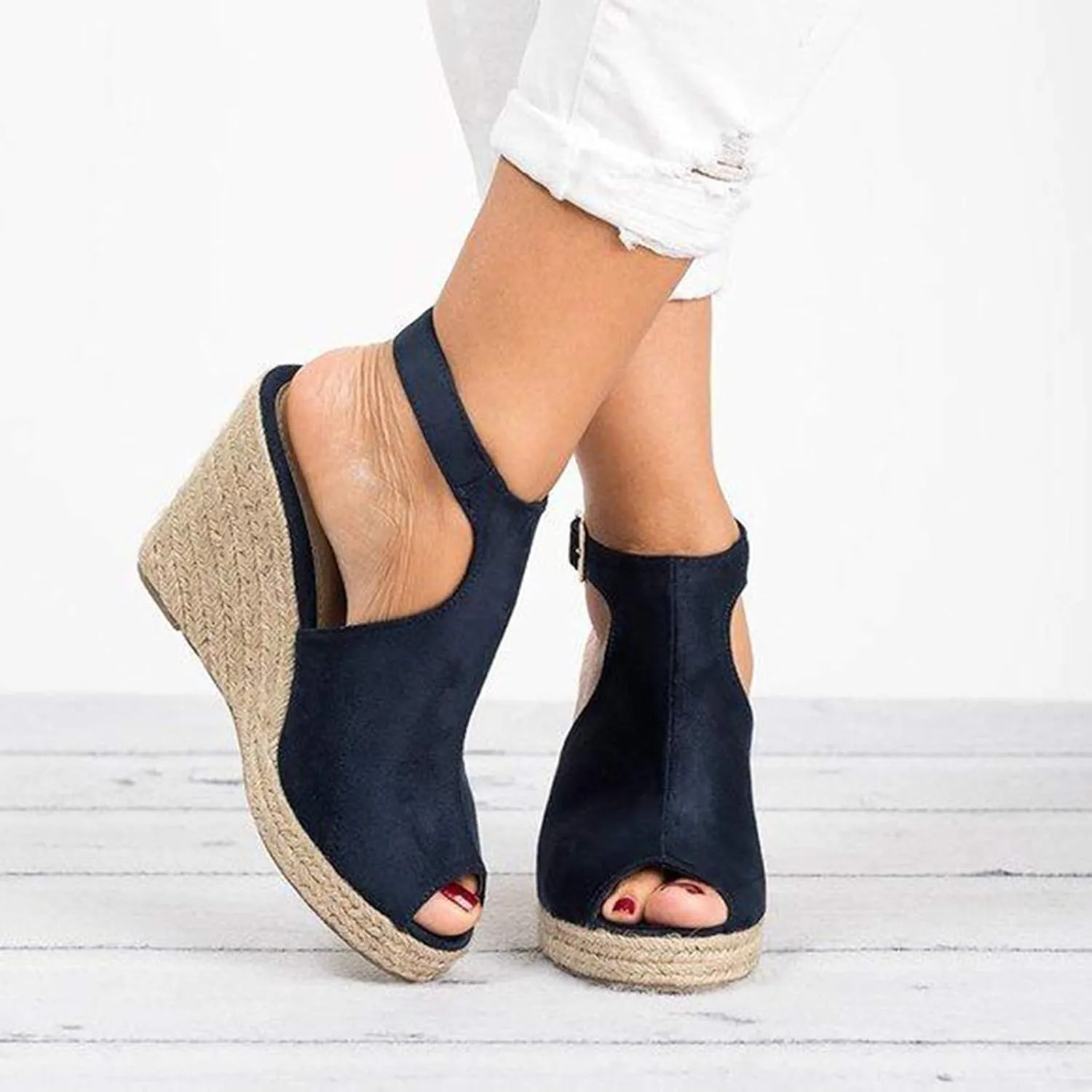 Sandals Women Dressy Summer Wedge, Womens Espadrille Wedge Sandals Open Toe Ankle Strap Buckle Platform Sandals Wedge High Heels Sandals Casual Summer Dress Shoes (a-Dark Blue, 9)