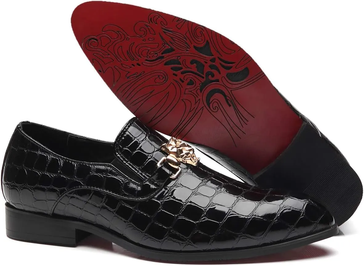 Santimon Loafers Men Italian Alligator Patent Leather Fashion Slip-on Shoes Metal Buckle Pointed Toe Smoking Slipper Moccasins Black Blue Red