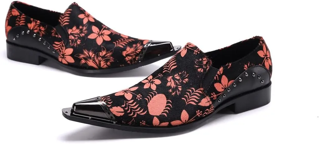 Santimon Mens Casual Loafers Velvet Rivet Leather Floral Graphic Print Pointed Tip Smoking Slippers Travel Party Dress Shoes