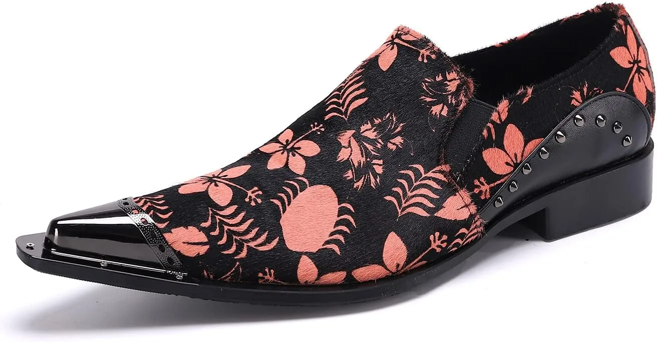 Santimon Mens Casual Loafers Velvet Rivet Leather Floral Graphic Print Pointed Tip Smoking Slippers Travel Party Dress Shoes