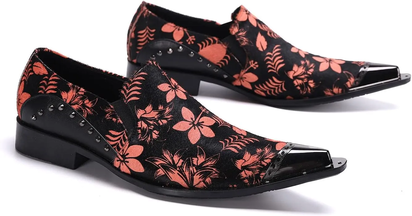 Santimon Mens Casual Loafers Velvet Rivet Leather Floral Graphic Print Pointed Tip Smoking Slippers Travel Party Dress Shoes