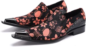 Santimon Mens Casual Loafers Velvet Rivet Leather Floral Graphic Print Pointed Tip Smoking Slippers Travel Party Dress Shoes