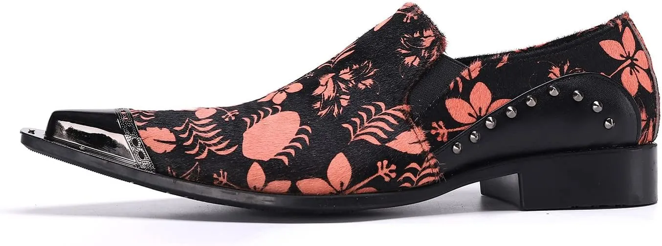 Santimon Mens Casual Loafers Velvet Rivet Leather Floral Graphic Print Pointed Tip Smoking Slippers Travel Party Dress Shoes