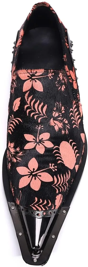 Santimon Mens Casual Loafers Velvet Rivet Leather Floral Graphic Print Pointed Tip Smoking Slippers Travel Party Dress Shoes