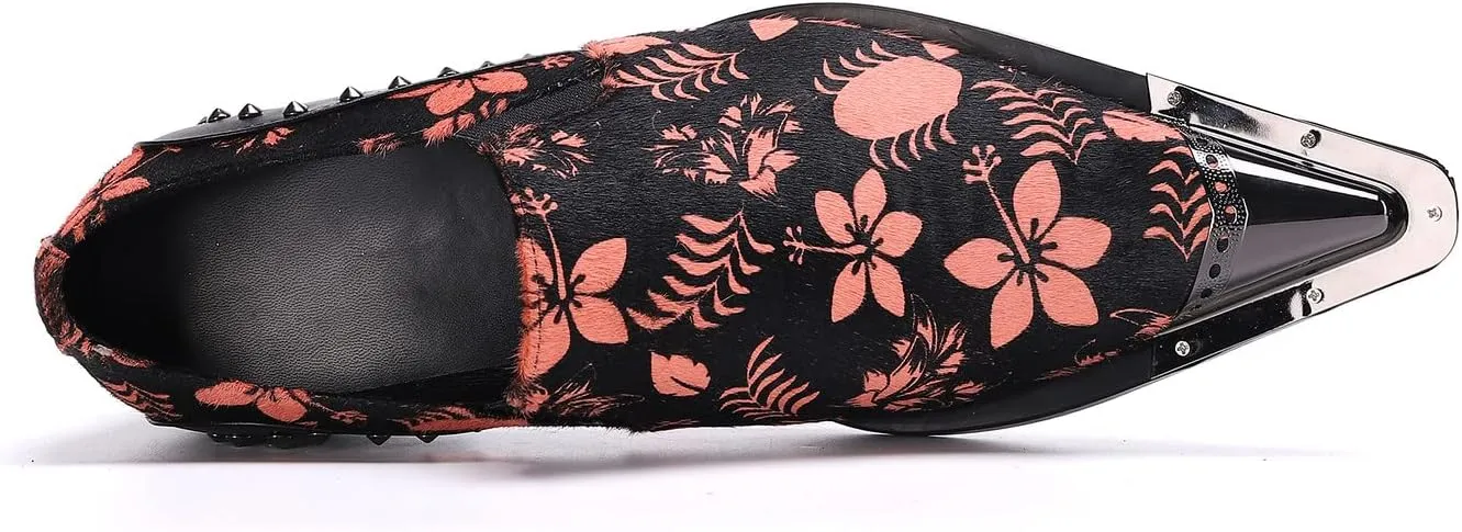 Santimon Mens Casual Loafers Velvet Rivet Leather Floral Graphic Print Pointed Tip Smoking Slippers Travel Party Dress Shoes