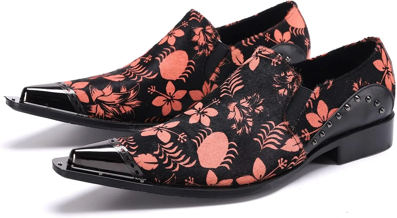 Santimon Mens Casual Loafers Velvet Rivet Leather Floral Graphic Print Pointed Tip Smoking Slippers Travel Party Dress Shoes