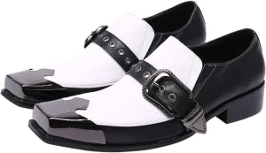 Santimon Mens Casual Slip On Loafers Composite Genuine Leather Dress Buckle Strap Decor Square Toe Classic Venetian Wedding Party Shoes