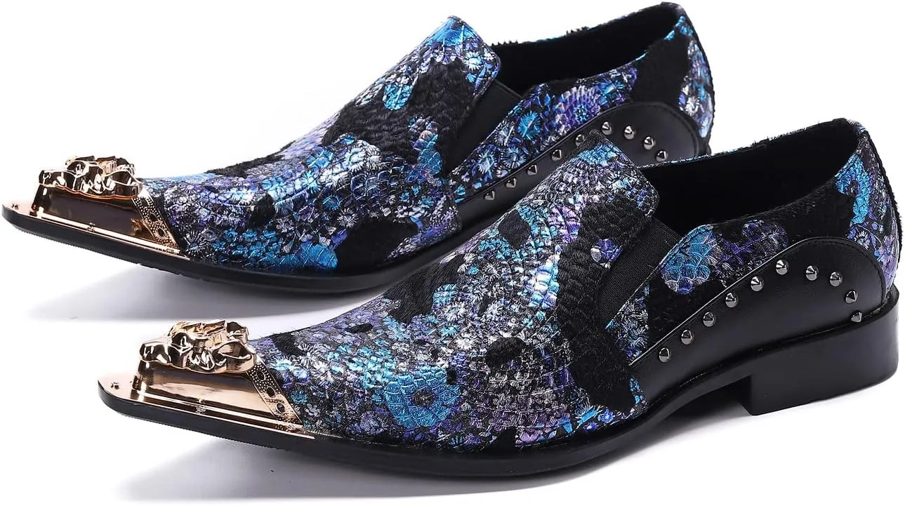 Santimon Mens Dress Loafers Floral Embroidered Leather Slip On Sequin Pointed Dragon Metal Tip Smoking Style Wedding Party Shoes