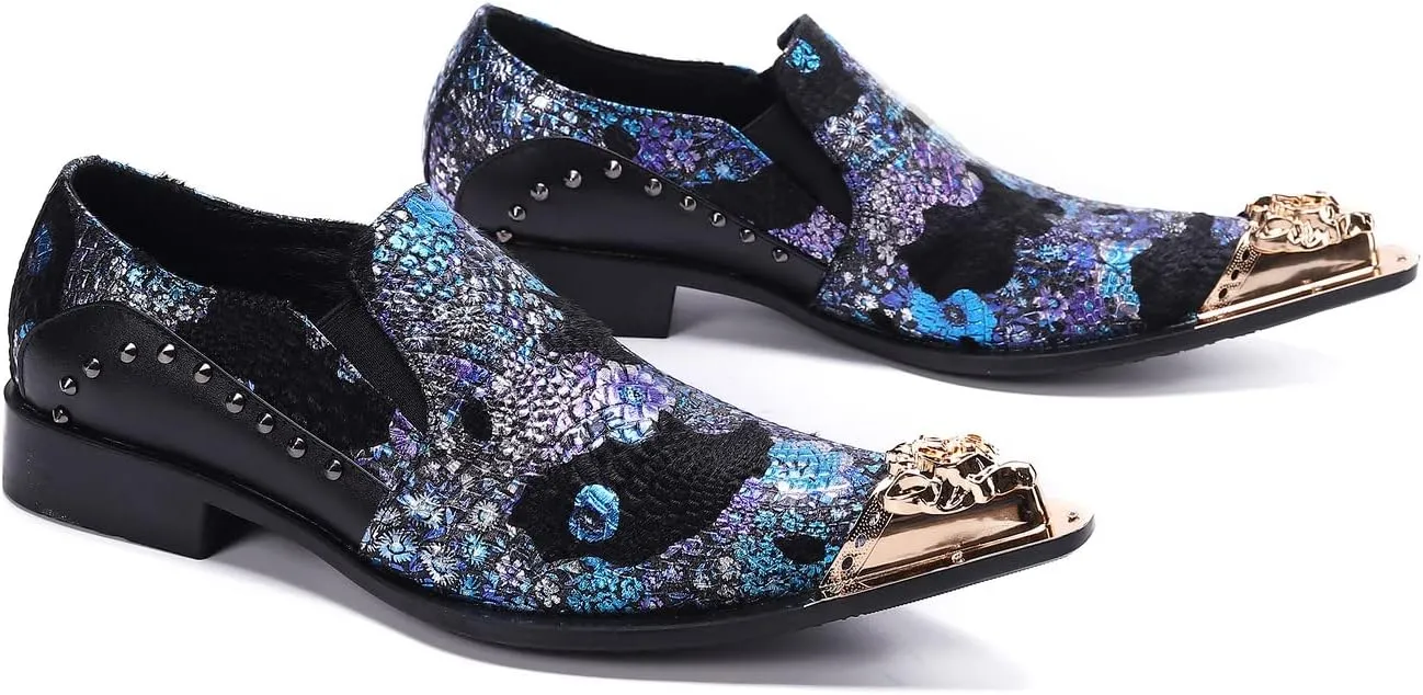 Santimon Mens Dress Loafers Floral Embroidered Leather Slip On Sequin Pointed Dragon Metal Tip Smoking Style Wedding Party Shoes