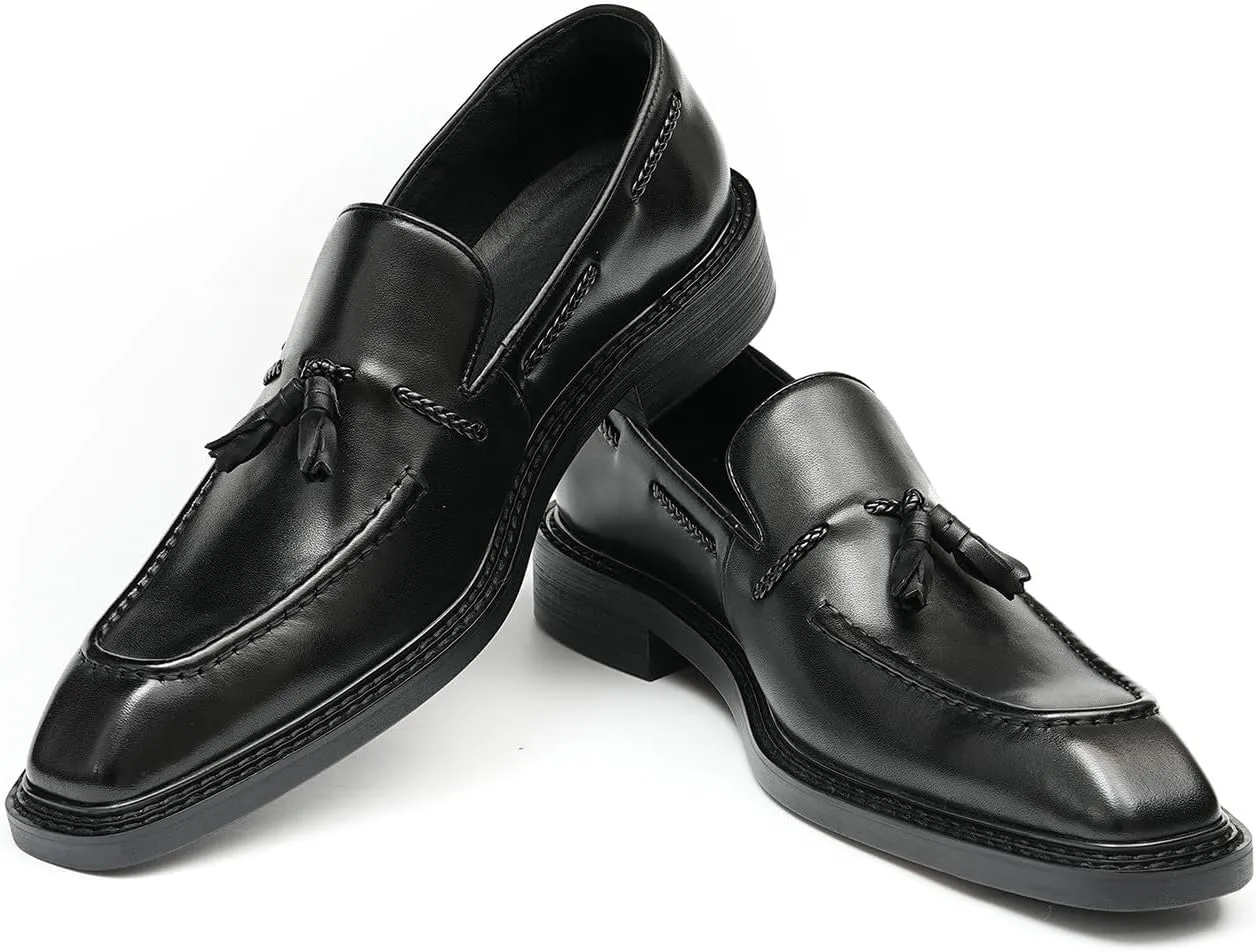 Santimon Men's Dress Tassel Loafers Slip-On Shoes - Genuine Leather Formal Business Casual Shoes for Wedding-Comfortable Prom Mocassins