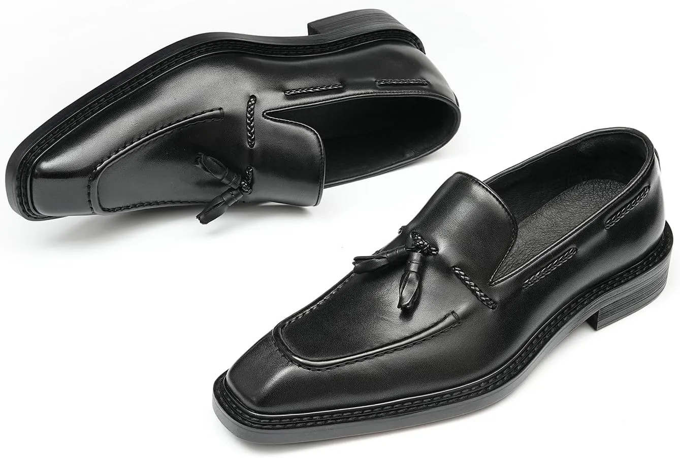 Santimon Men's Dress Tassel Loafers Slip-On Shoes - Genuine Leather Formal Business Casual Shoes for Wedding-Comfortable Prom Mocassins