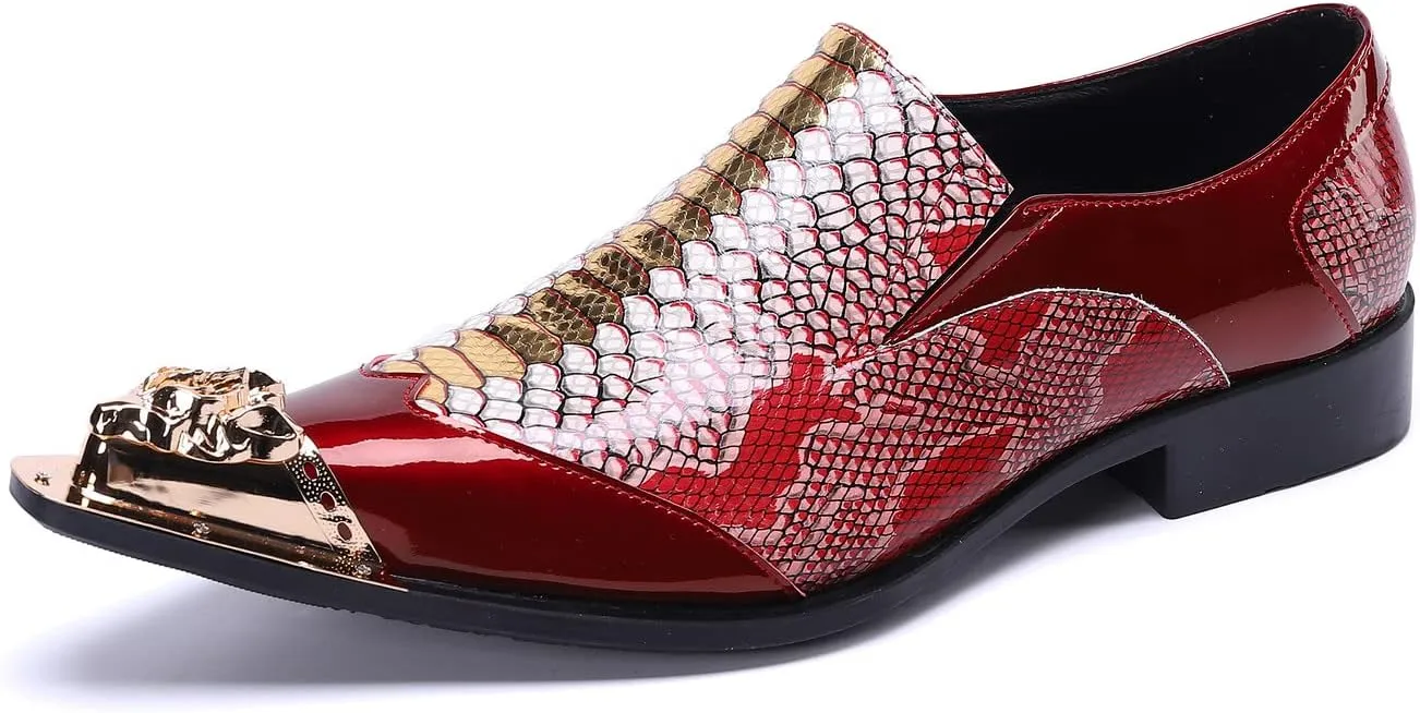Santimon Mens Genuine Leather Dress Loafers Metallic Cap Slip On Tuxedo Formal Composite Snake Print Luxury Wedding Fashion Shoes