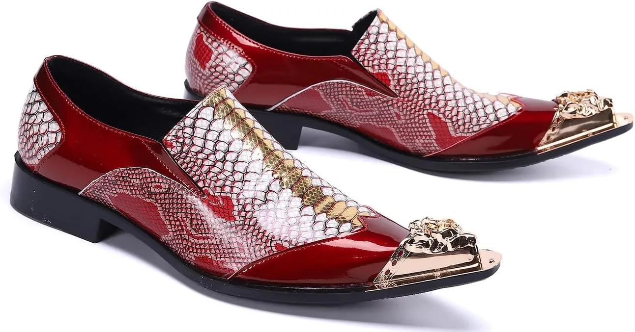 Santimon Mens Genuine Leather Dress Loafers Metallic Cap Slip On Tuxedo Formal Composite Snake Print Luxury Wedding Fashion Shoes