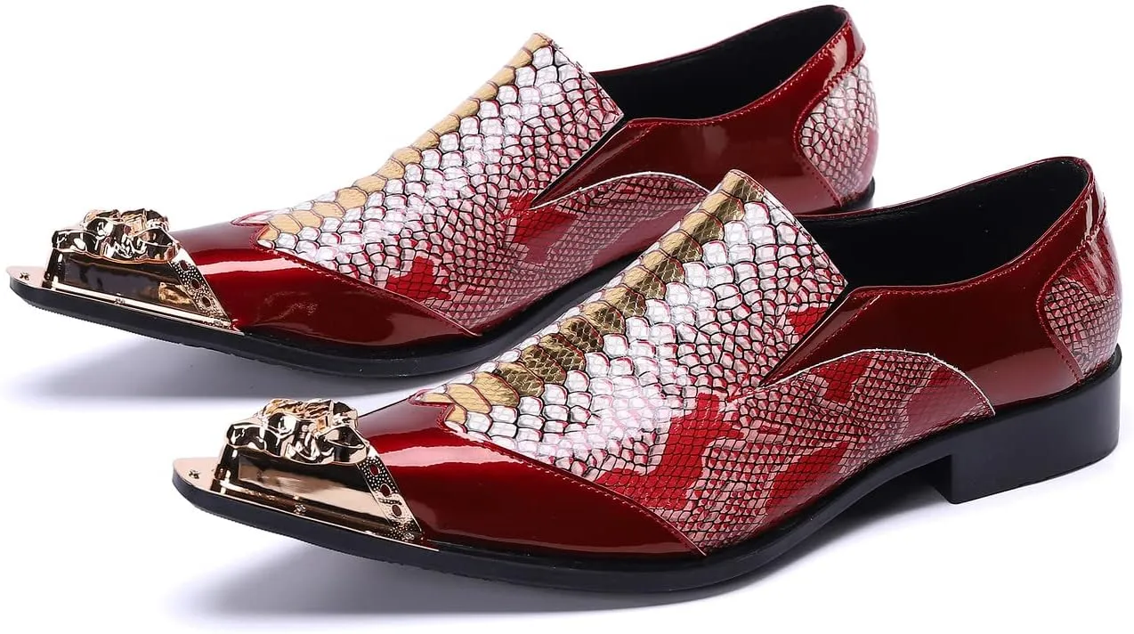 Santimon Mens Genuine Leather Dress Loafers Metallic Cap Slip On Tuxedo Formal Composite Snake Print Luxury Wedding Fashion Shoes