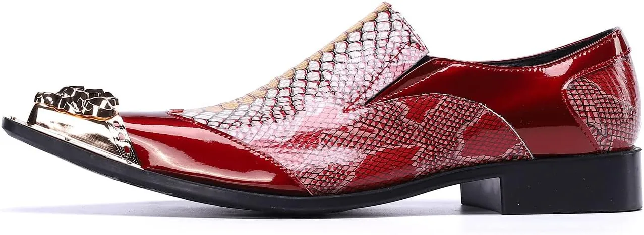 Santimon Mens Genuine Leather Dress Loafers Metallic Cap Slip On Tuxedo Formal Composite Snake Print Luxury Wedding Fashion Shoes