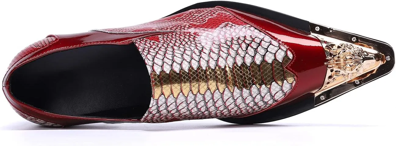 Santimon Mens Genuine Leather Dress Loafers Metallic Cap Slip On Tuxedo Formal Composite Snake Print Luxury Wedding Fashion Shoes