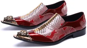 Santimon Mens Genuine Leather Dress Loafers Metallic Cap Slip On Tuxedo Formal Composite Snake Print Luxury Wedding Fashion Shoes