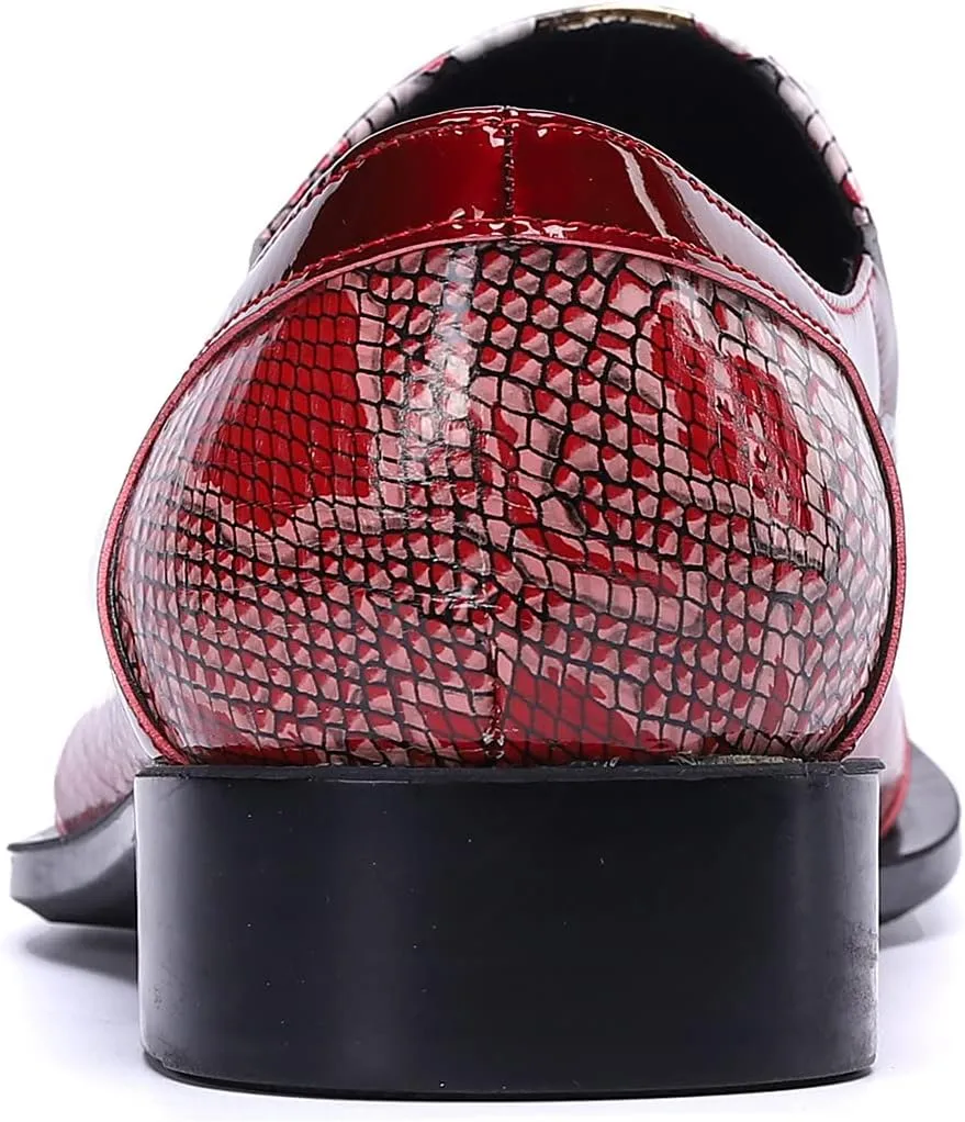 Santimon Mens Genuine Leather Dress Loafers Metallic Cap Slip On Tuxedo Formal Composite Snake Print Luxury Wedding Fashion Shoes