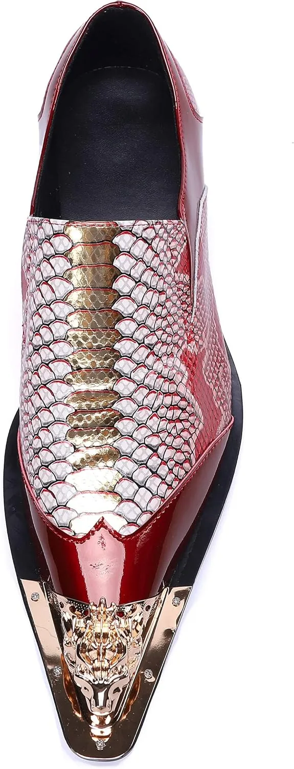 Santimon Mens Genuine Leather Dress Loafers Metallic Cap Slip On Tuxedo Formal Composite Snake Print Luxury Wedding Fashion Shoes