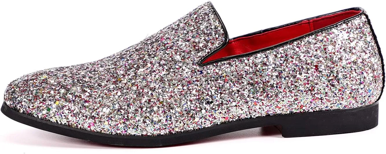 Santimon Mens Glitter Loafers Slip-On Dress Shoes – Sparkly Tuxedo & Suit Shoes for Weddings, Parties, and Formal Events