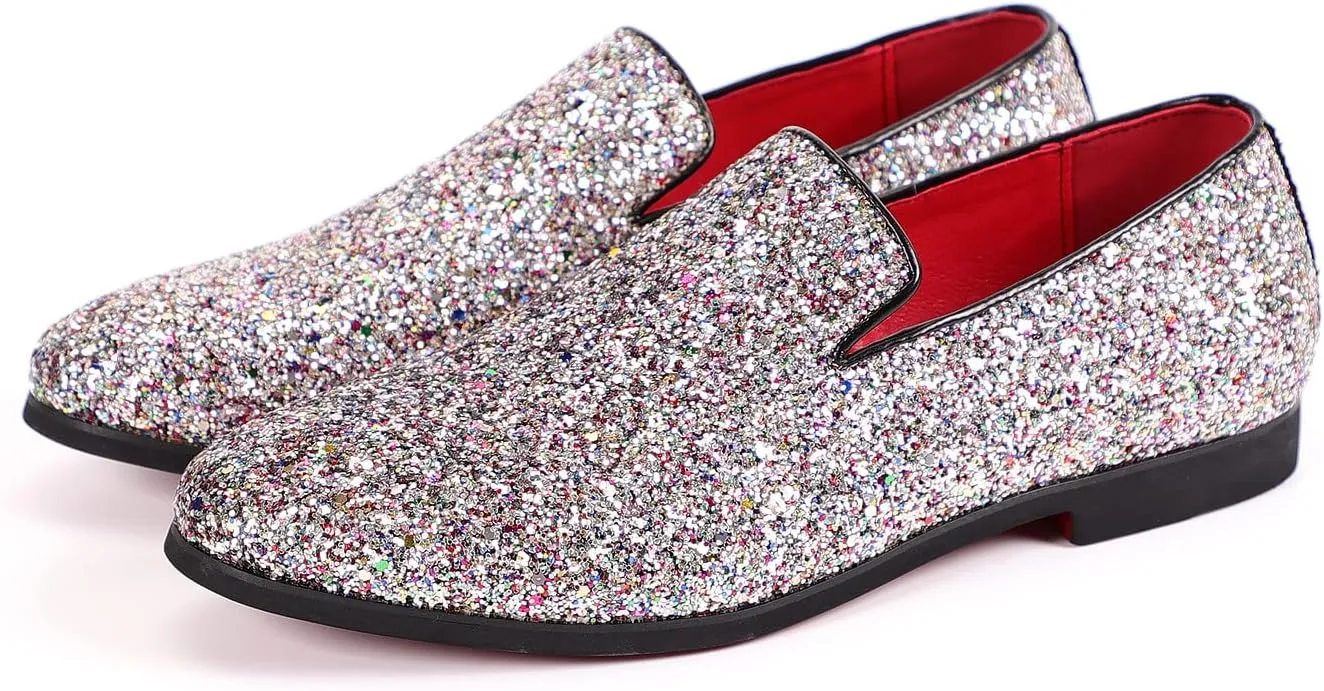 Santimon Mens Glitter Loafers Slip-On Dress Shoes – Sparkly Tuxedo & Suit Shoes for Weddings, Parties, and Formal Events