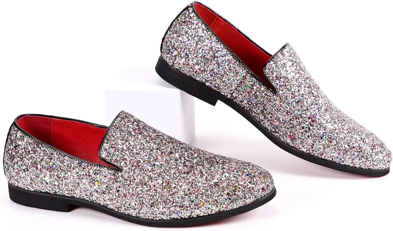 Santimon Mens Glitter Loafers Slip-On Dress Shoes – Sparkly Tuxedo & Suit Shoes for Weddings, Parties, and Formal Events