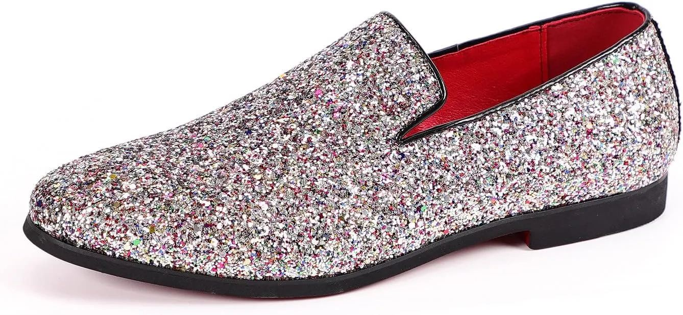 Santimon Mens Glitter Loafers Slip-On Dress Shoes – Sparkly Tuxedo & Suit Shoes for Weddings, Parties, and Formal Events