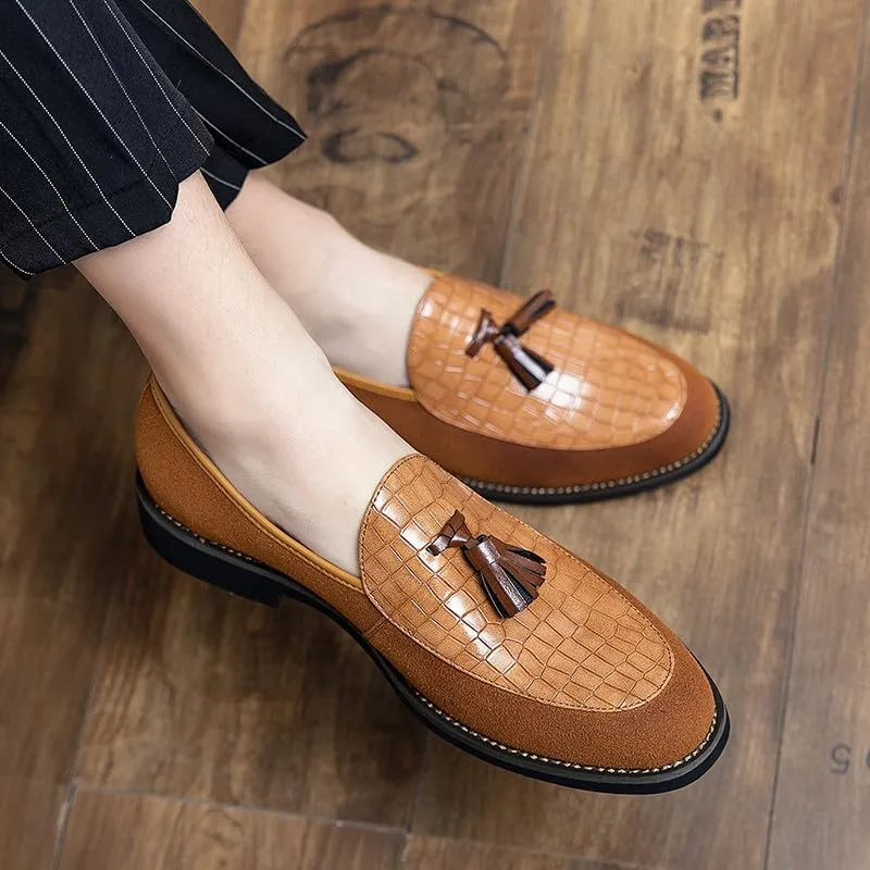 Santimon Men's Leather Crocodile Pattern Tassel Loafers Frormal Suede Dress Slip on Casual Party Wedding Tuxedo Shoes