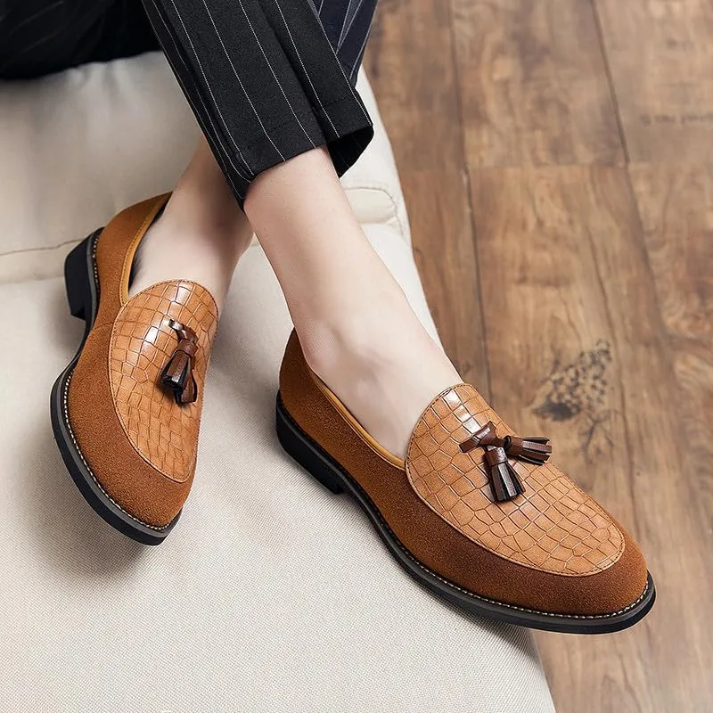 Santimon Men's Leather Crocodile Pattern Tassel Loafers Frormal Suede Dress Slip on Casual Party Wedding Tuxedo Shoes