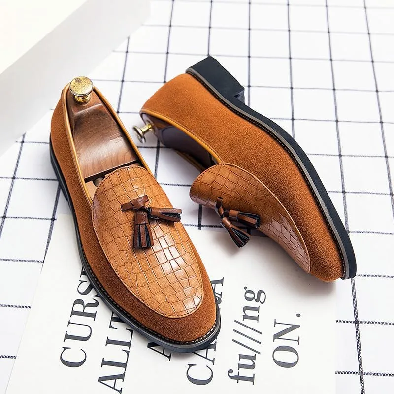 Santimon Men's Leather Crocodile Pattern Tassel Loafers Frormal Suede Dress Slip on Casual Party Wedding Tuxedo Shoes