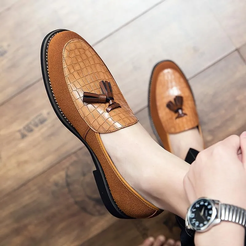Santimon Men's Leather Crocodile Pattern Tassel Loafers Frormal Suede Dress Slip on Casual Party Wedding Tuxedo Shoes