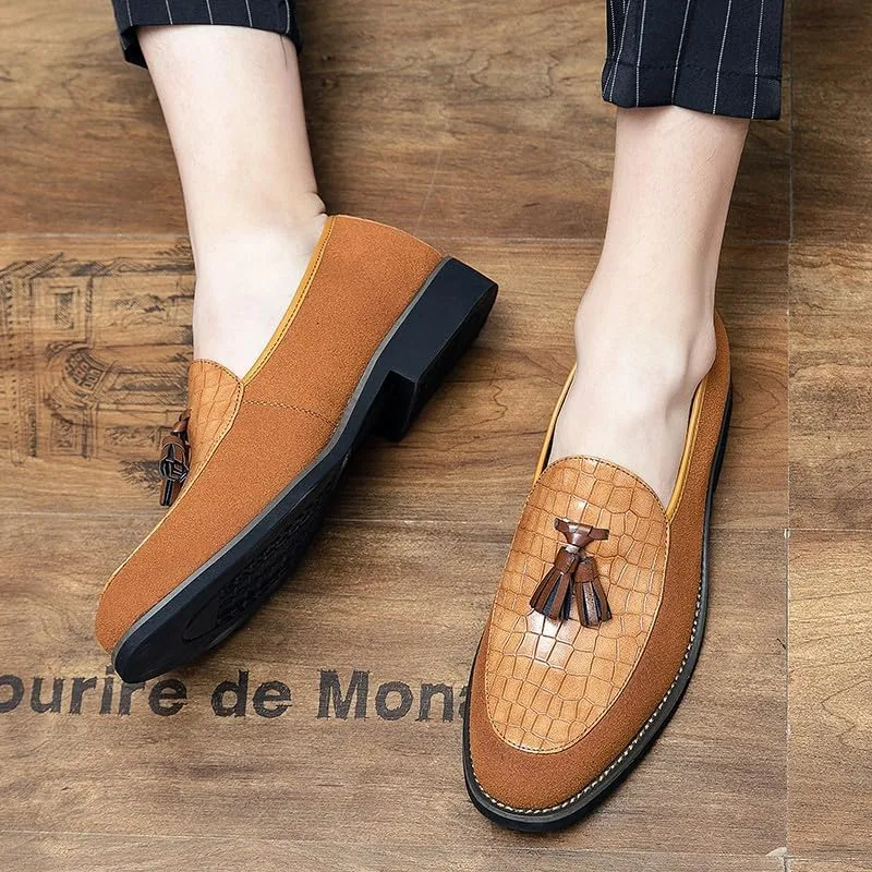 Santimon Men's Leather Crocodile Pattern Tassel Loafers Frormal Suede Dress Slip on Casual Party Wedding Tuxedo Shoes
