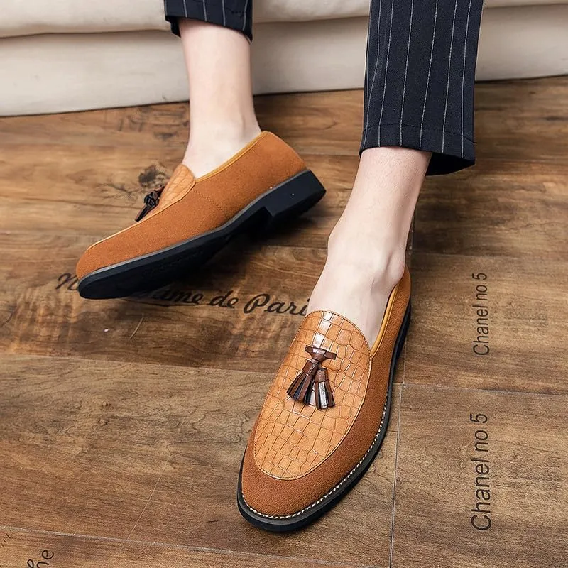 Santimon Men's Leather Crocodile Pattern Tassel Loafers Frormal Suede Dress Slip on Casual Party Wedding Tuxedo Shoes