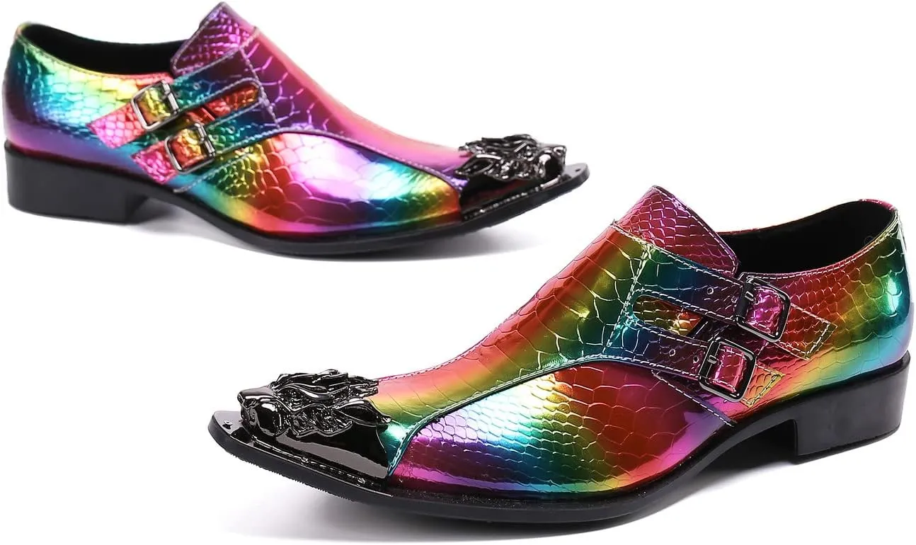 Santimon Mens Rainbow Dress Loafers Buckle Comfortable Metal Cap Toe Church Style Wedding Party Travel Shoes for Men