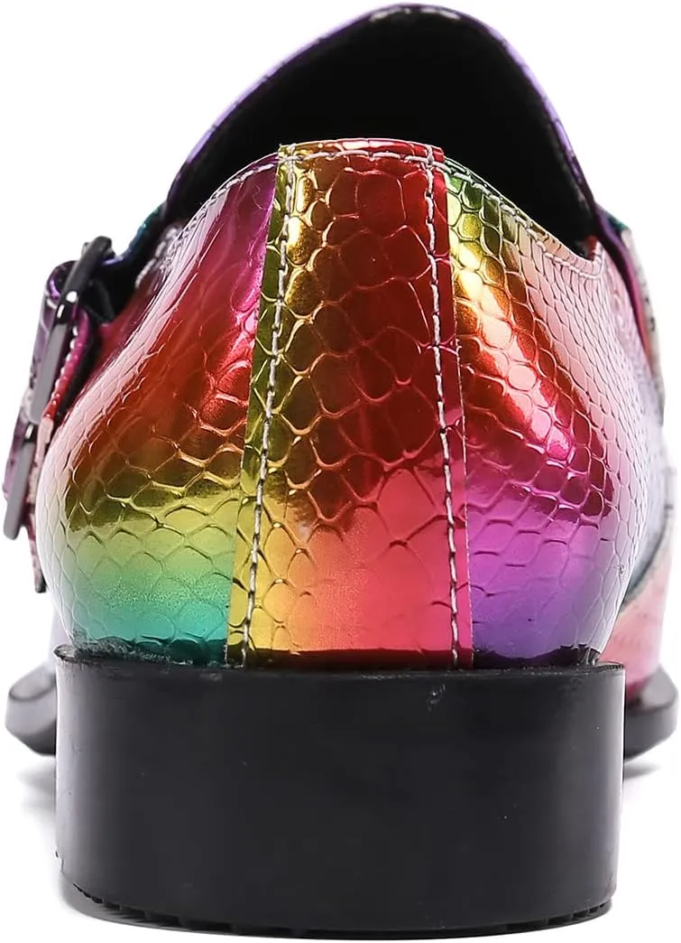 Santimon Mens Rainbow Dress Loafers Buckle Comfortable Metal Cap Toe Church Style Wedding Party Travel Shoes for Men