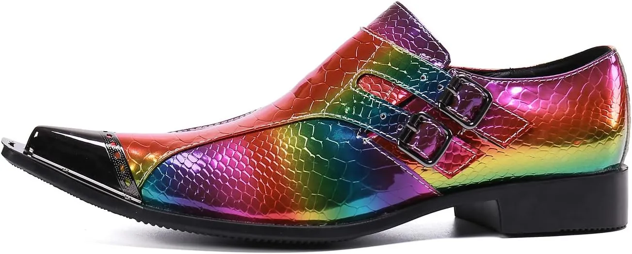 Santimon Mens Rainbow Dress Loafers Buckle Comfortable Metal Cap Toe Church Style Wedding Party Travel Shoes for Men