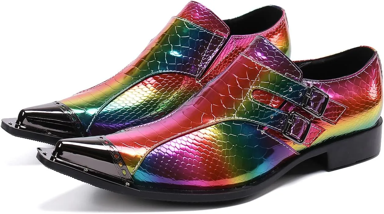 Santimon Mens Rainbow Dress Loafers Buckle Comfortable Metal Cap Toe Church Style Wedding Party Travel Shoes for Men