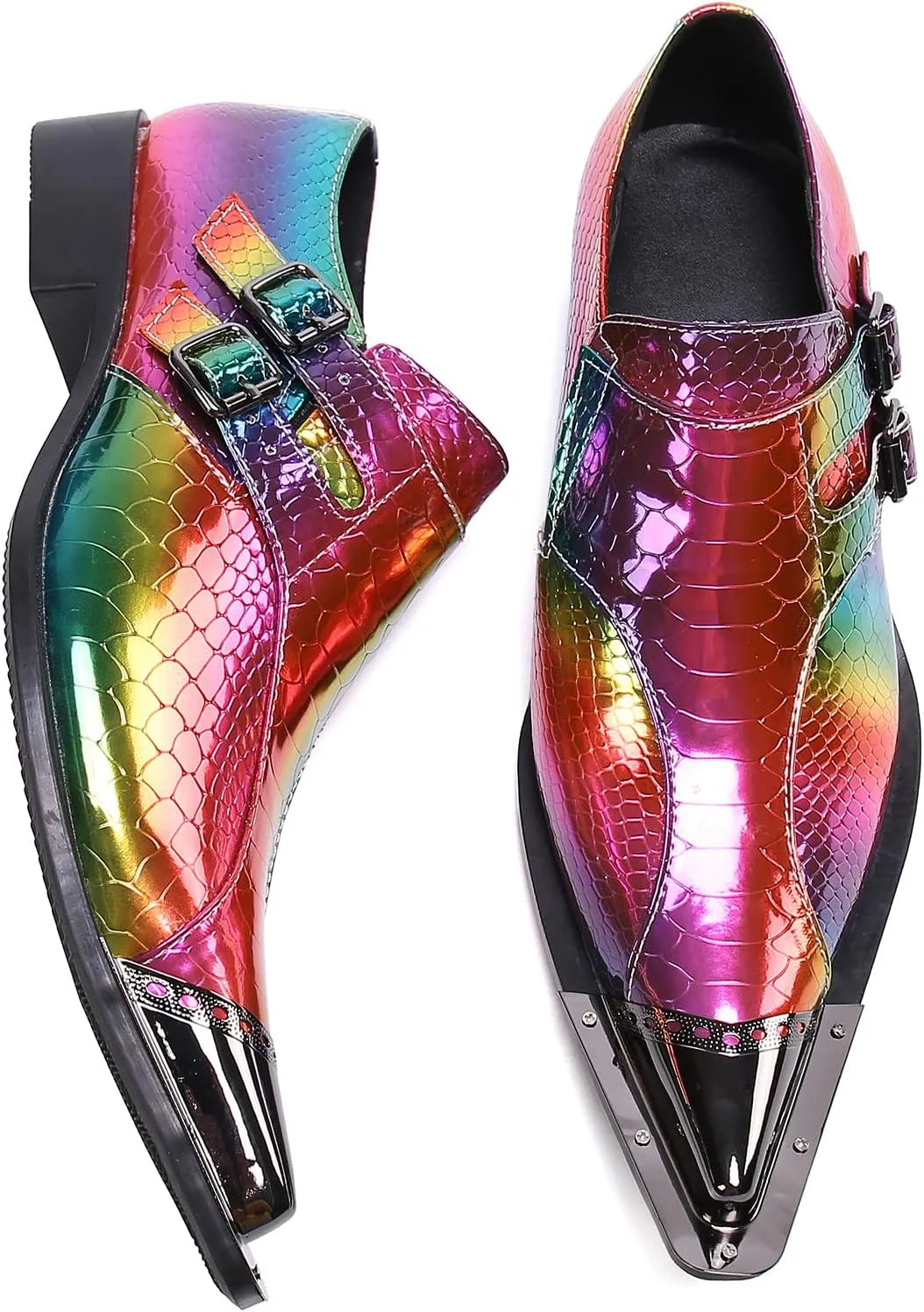 Santimon Mens Rainbow Dress Loafers Buckle Comfortable Metal Cap Toe Church Style Wedding Party Travel Shoes for Men