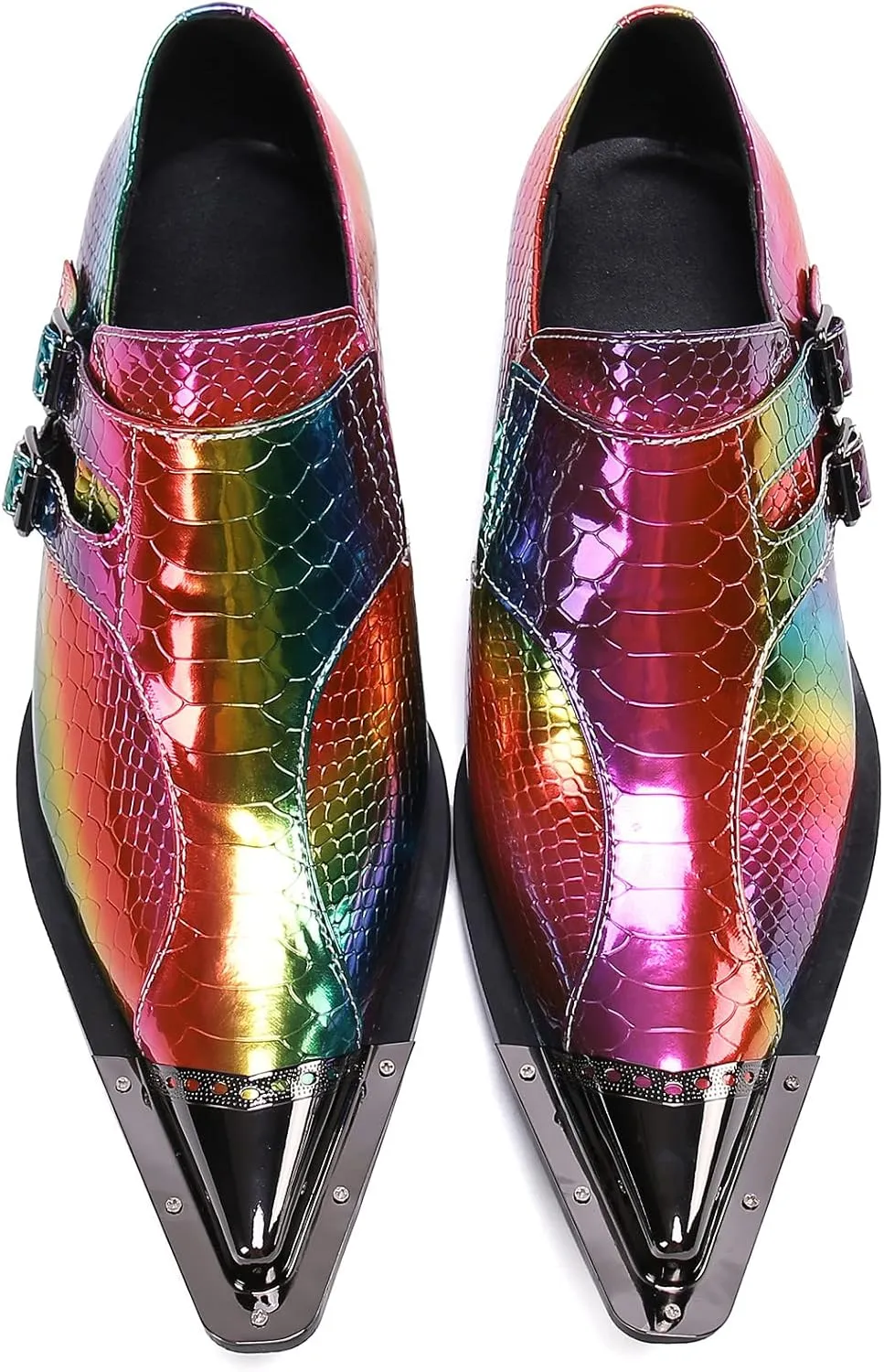 Santimon Mens Rainbow Dress Loafers Buckle Comfortable Metal Cap Toe Church Style Wedding Party Travel Shoes for Men
