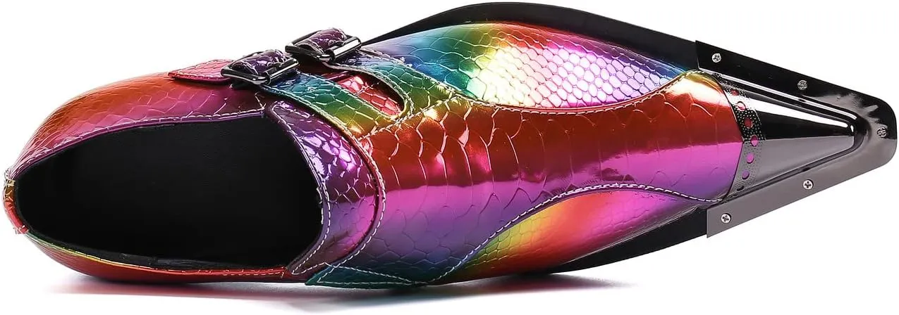 Santimon Mens Rainbow Dress Loafers Buckle Comfortable Metal Cap Toe Church Style Wedding Party Travel Shoes for Men