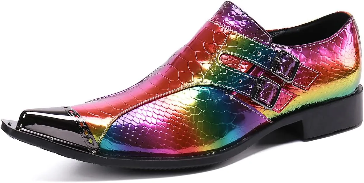 Santimon Mens Rainbow Dress Loafers Buckle Comfortable Metal Cap Toe Church Style Wedding Party Travel Shoes for Men