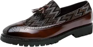 Santimon Men's Wingtip Brogue Tassel Loafers, Rhinestone Studded Comfortable Slip On Lug Sole Leather Casual Work Shoes