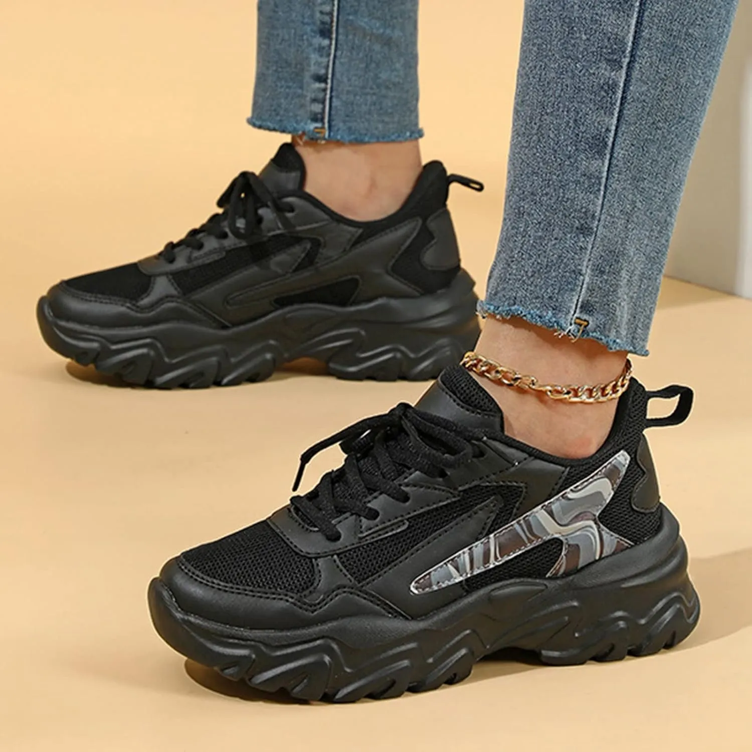SBGMoSJ Sneakers for Women Comfy Walking Shoes for Women Wide Width Black Shoes Women Casual Walking Shoes Women Wide 9.5 Zapatos Negros para Mujer