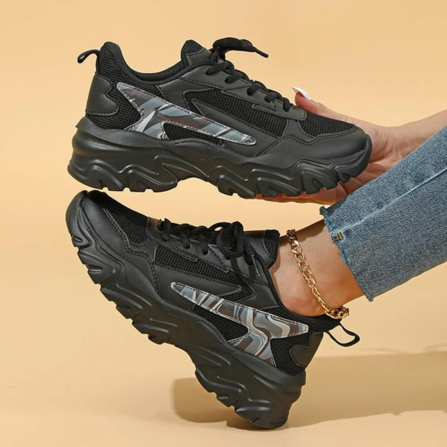 SBGMoSJ Sneakers for Women Comfy Walking Shoes for Women Wide Width Black Shoes Women Casual Walking Shoes Women Wide 9.5 Zapatos Negros para Mujer