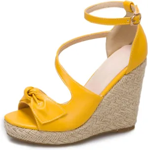 SHEMEE Women's Round Open Toe Espadrille Wedge Sandals Platform High Heel Ankle Strap Buckle Bow Sandalias Summer Shoes