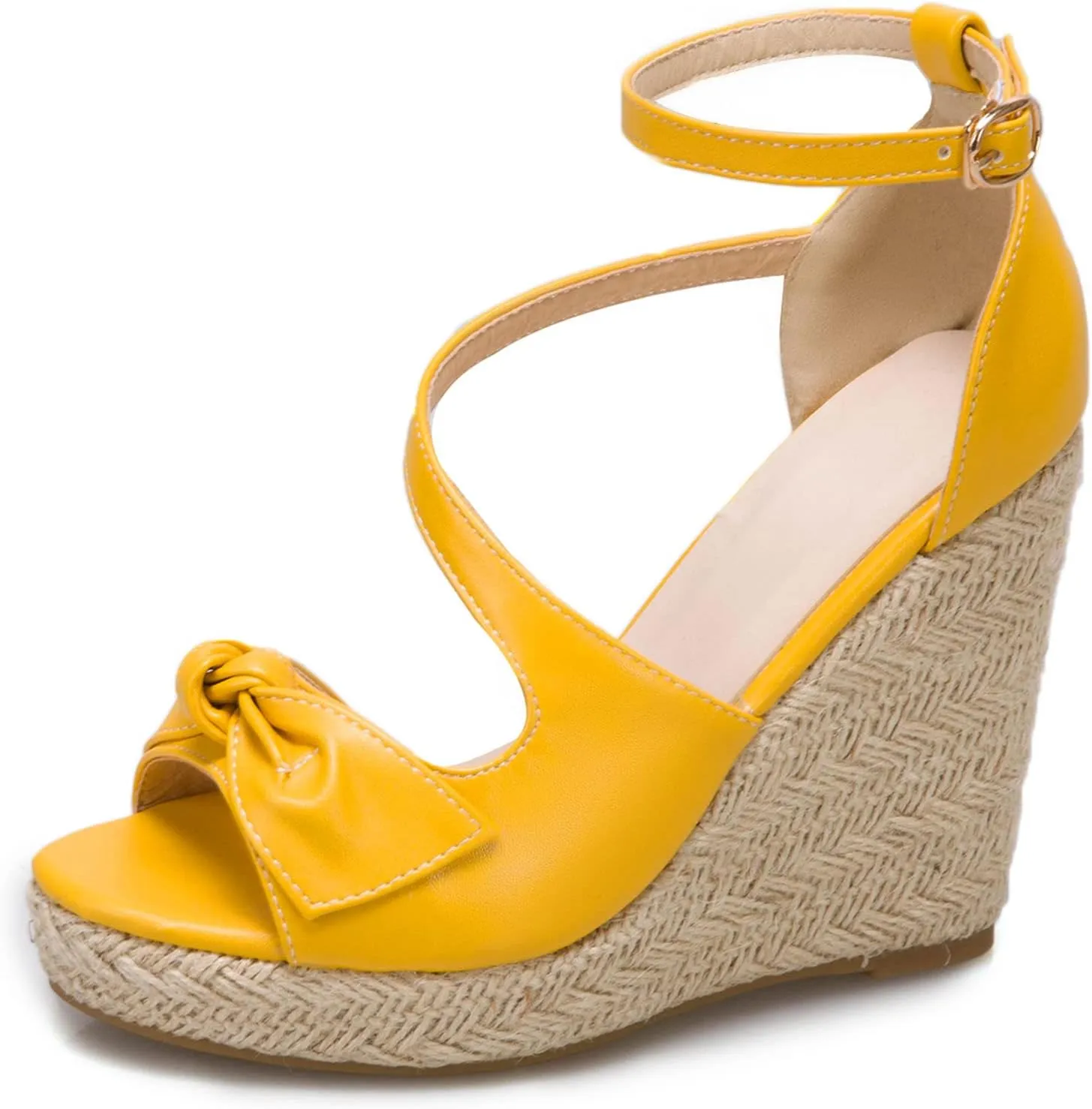 SHEMEE Women's Round Open Toe Espadrille Wedge Sandals Platform High Heel Ankle Strap Buckle Bow Sandalias Summer Shoes