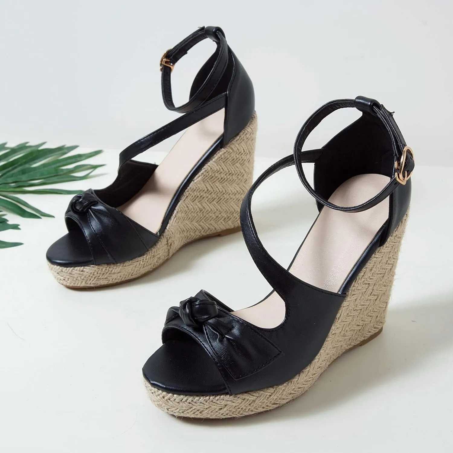 SHEMEE Women's Round Open Toe Espadrille Wedge Sandals Platform High Heel Ankle Strap Buckle Bow Sandalias Summer Shoes