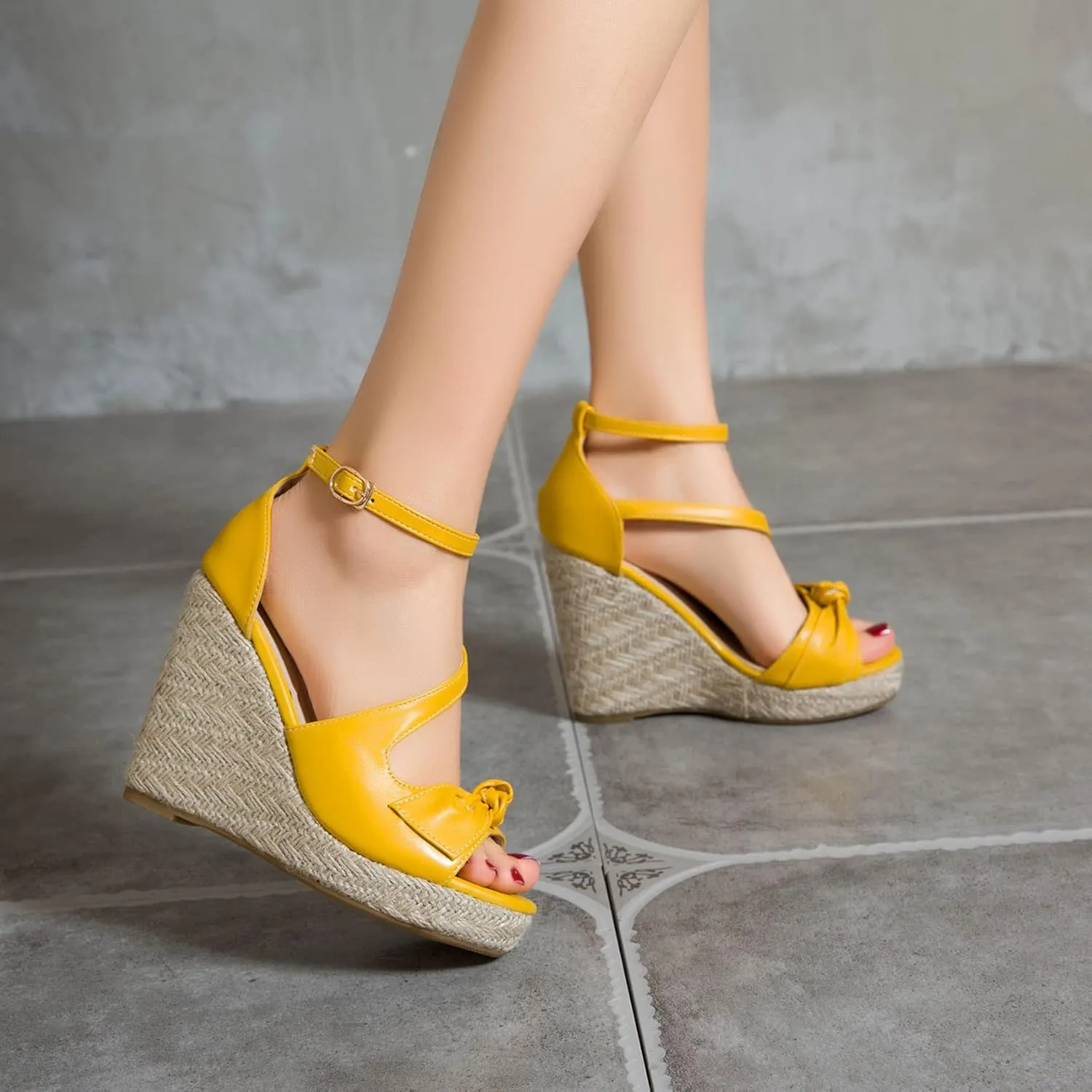 SHEMEE Women's Round Open Toe Espadrille Wedge Sandals Platform High Heel Ankle Strap Buckle Bow Sandalias Summer Shoes
