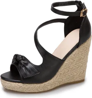 SHEMEE Women's Round Open Toe Espadrille Wedge Sandals Platform High Heel Ankle Strap Buckle Bow Sandalias Summer Shoes