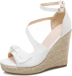 SHEMEE Women's Round Open Toe Espadrille Wedge Sandals Platform High Heel Ankle Strap Buckle Bow Sandalias Summer Shoes